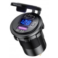 Автомобільна швидка зарядка з вольтметром і кнопкою включення, USB, Type C